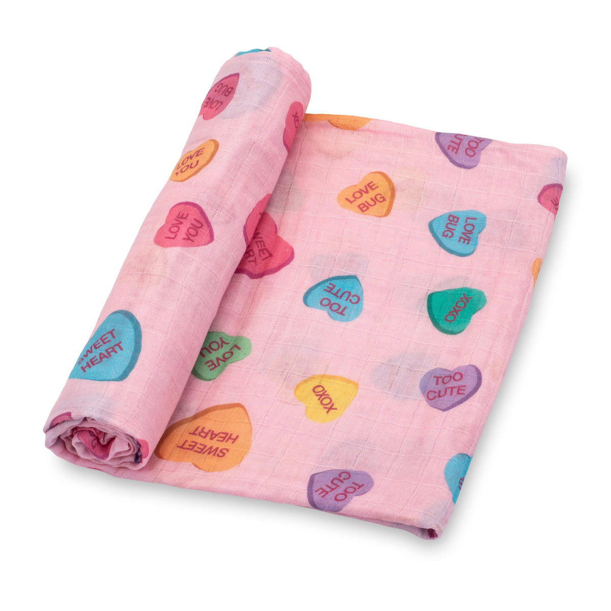 LollyBanks baby blanket heart print flatlay shows soft muslin for gentle snuggles.
