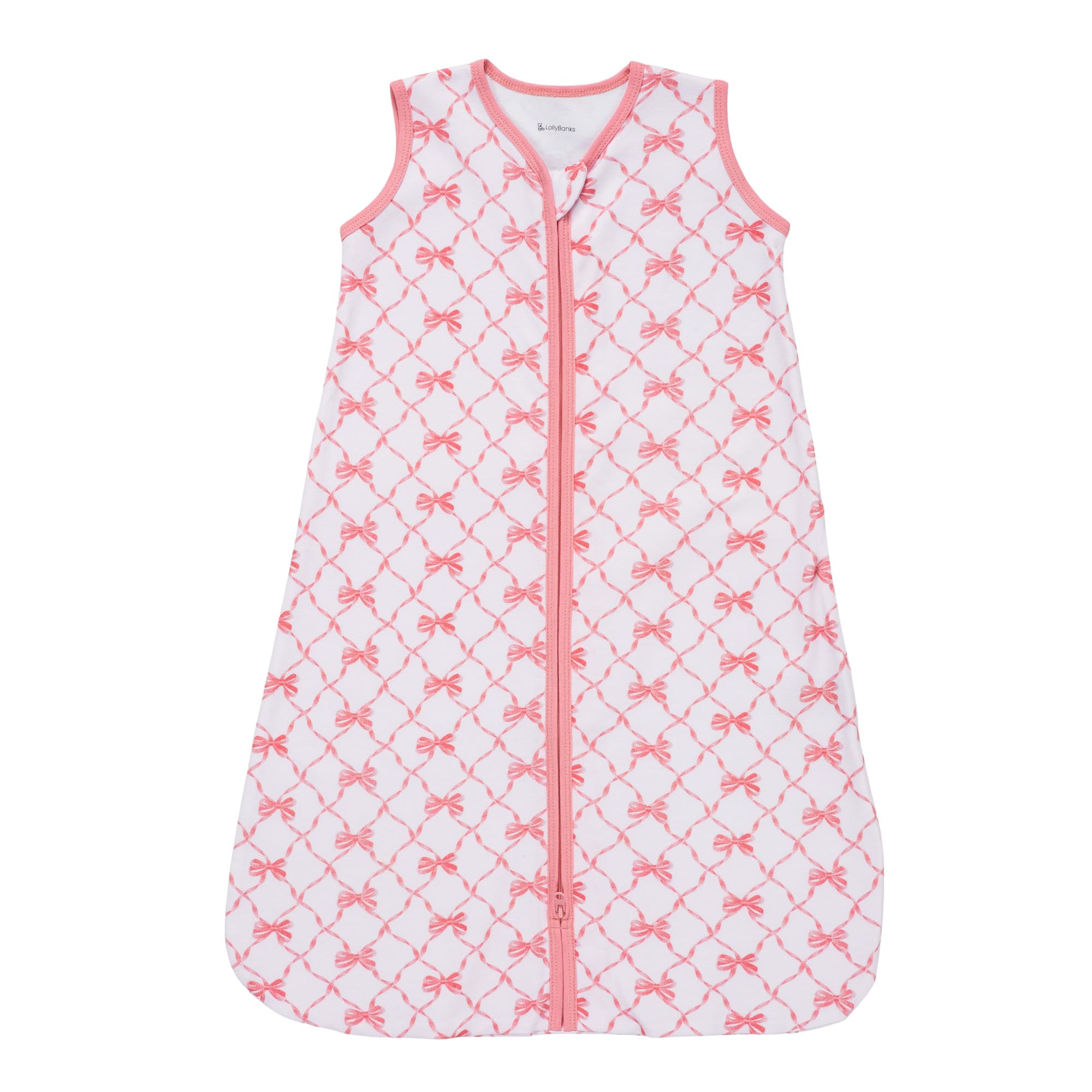 LollyBanks baby sleep sack with pink bow print offers gentle cotton comfort for cozy naps.