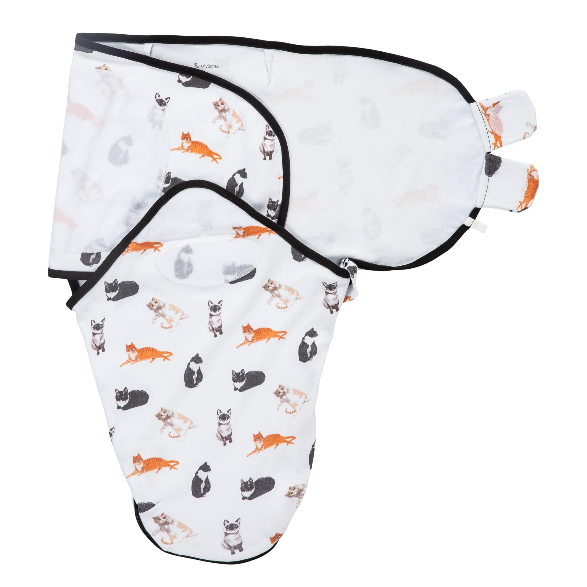 LollyBanks cat-print swaddle close-up shows cozy secure wrap for peaceful naps