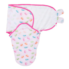 LollyBanks baby swaddle Macarons print top view promotes secure, breathable sleep with organic cotton.