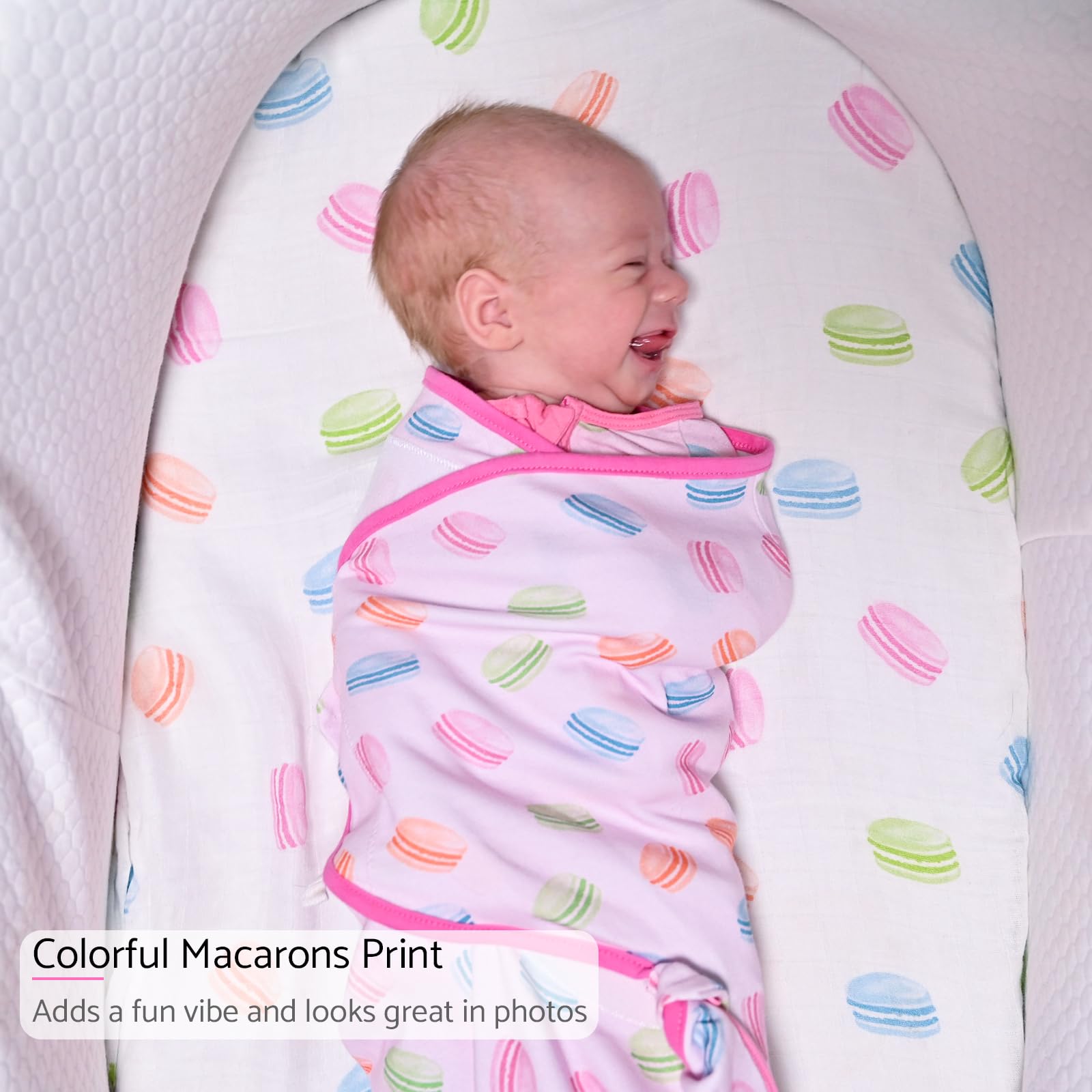 LollyBanks Macarons print swaddle wrapped for newborn warmth and skin-friendly softness.