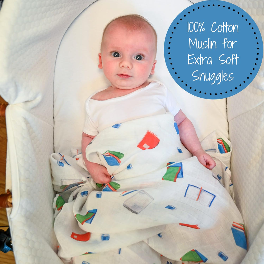 LollyBanks Books Print Swaddle Blanket on baby for cozy rest and snuggles.