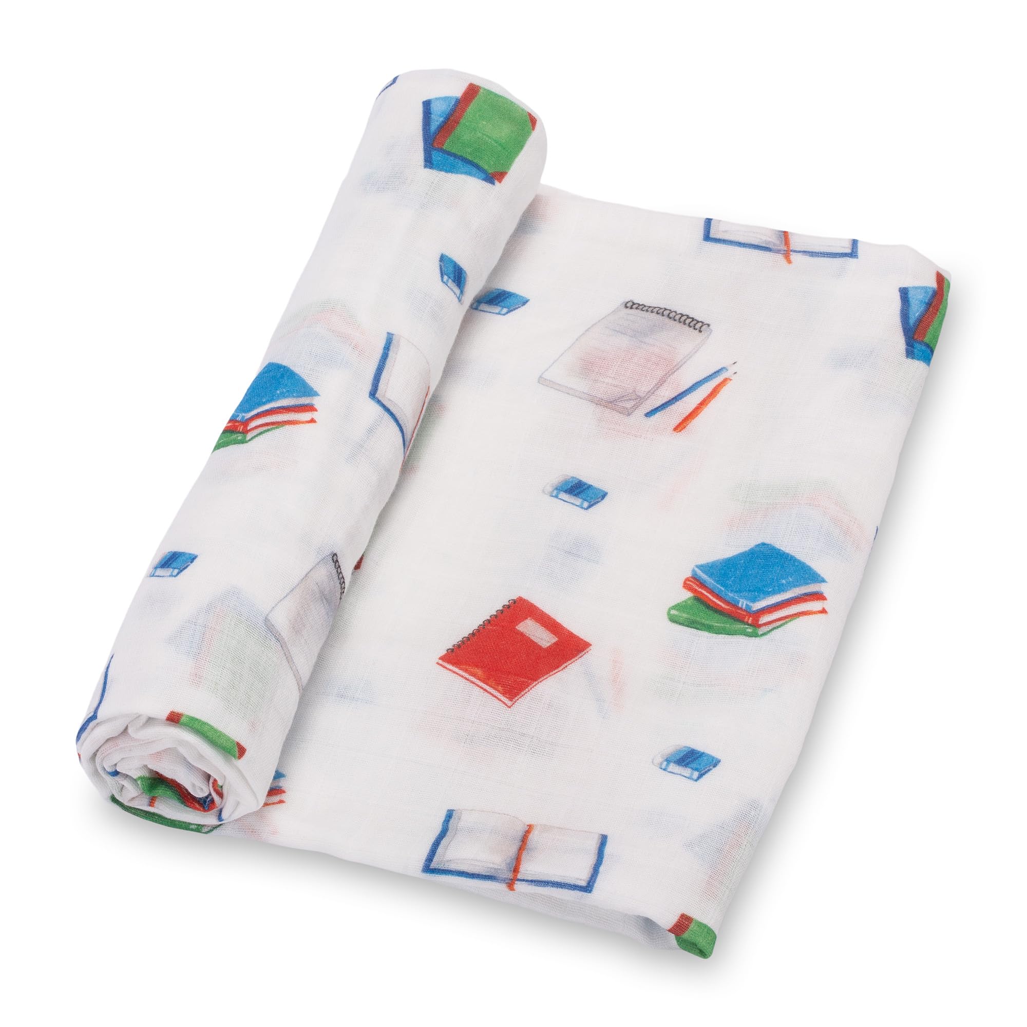 LollyBanks Books Print Swaddle Blanket folded shows soft, breathable cotton for secure swaddling.