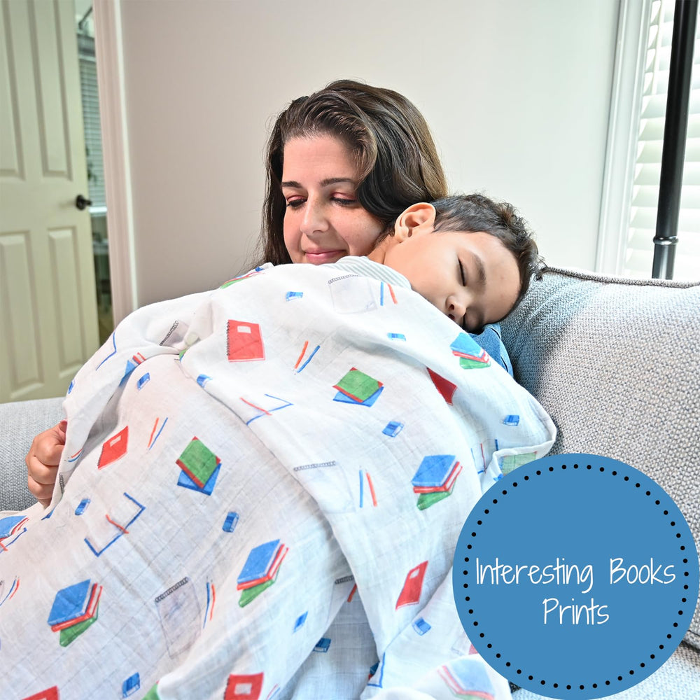 LollyBanks Books Print Swaddle Blanket in nursery decor featuring playful Books print.