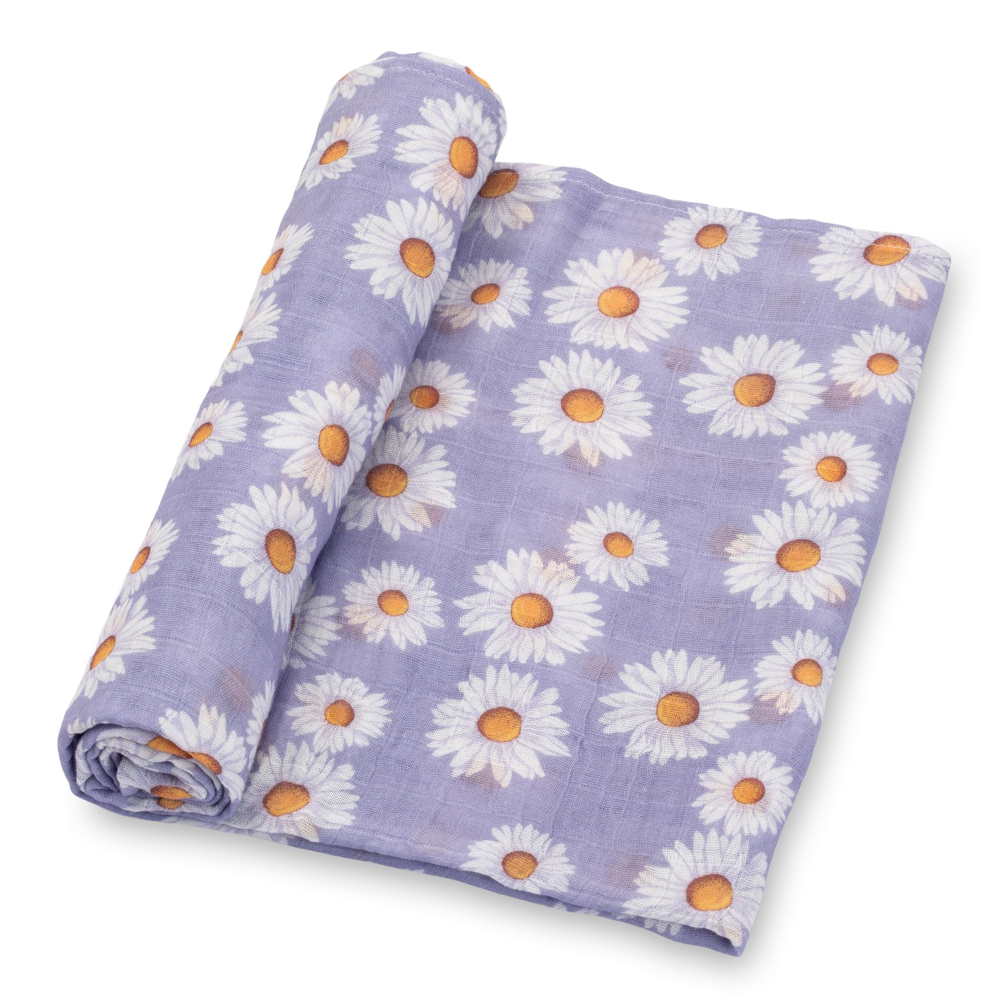 LollyBanks Daisy Garden swaddle blanket close-up shows soft cotton muslin for gentle cuddles.