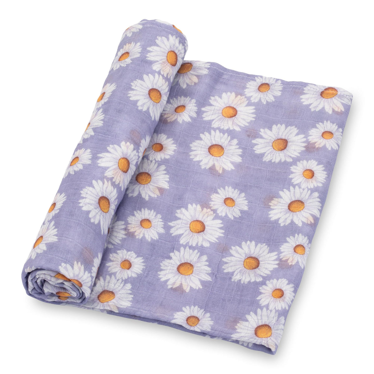 LollyBanks Daisy Garden swaddle blanket close-up shows soft cotton muslin for gentle cuddles.