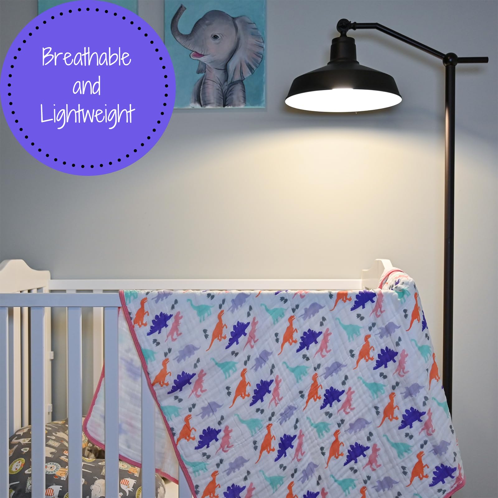 LollyBanks Dino Quilt size 47x47 showing generous coverage for newborn to toddler.