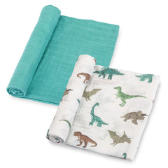 LollyBanks dinosaur-blue swaddle blanket front view for cozy naps.
