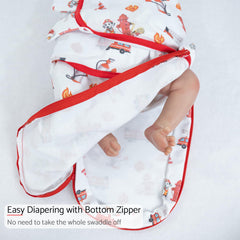 LollyBanks dog-print swaddle change diaper demonstrates quick bottom zipper access
