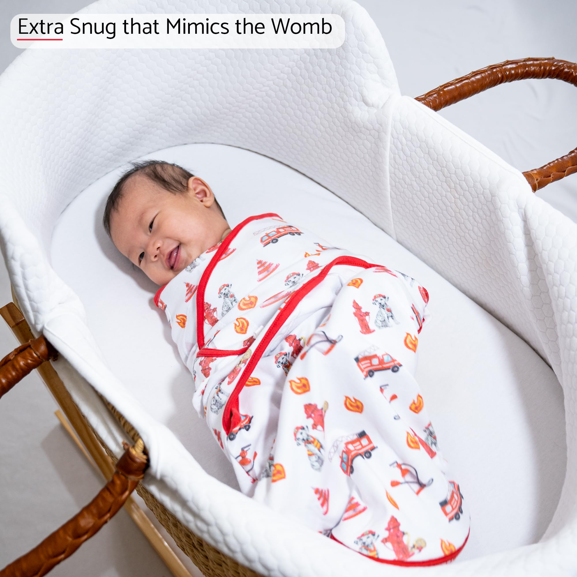 LollyBanks dog-print swaddle wrapped baby demonstrates secure snug fit with wings