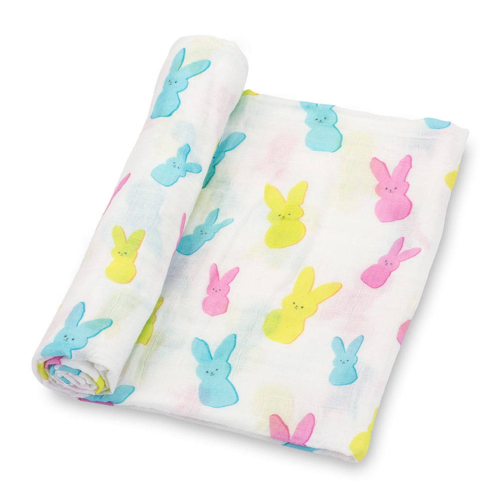 LollyBanks Easter print swaddle close-up, soft cotton muslin ideal for cozy spring cuddles.