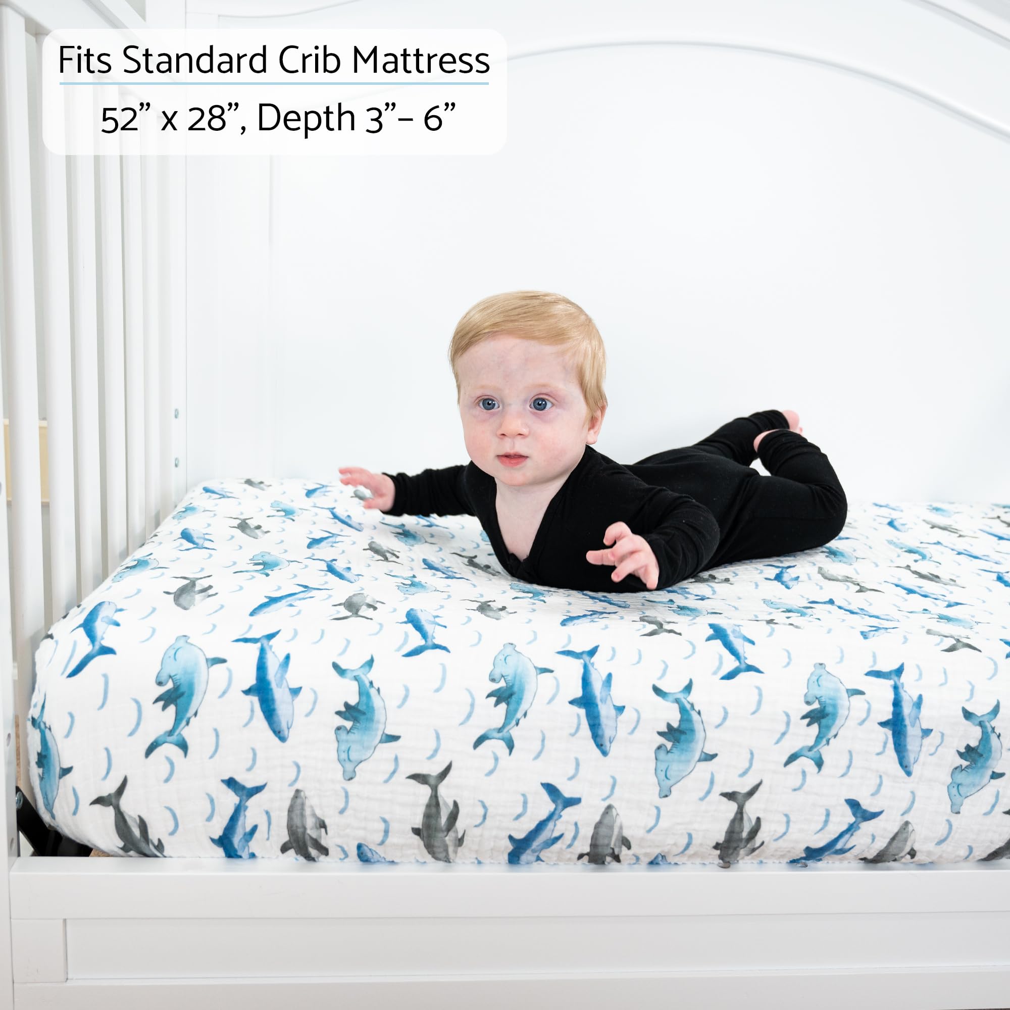 LollyBanks full elastic edges crib sheet demonstrates secure fit during wriggles and rolls.