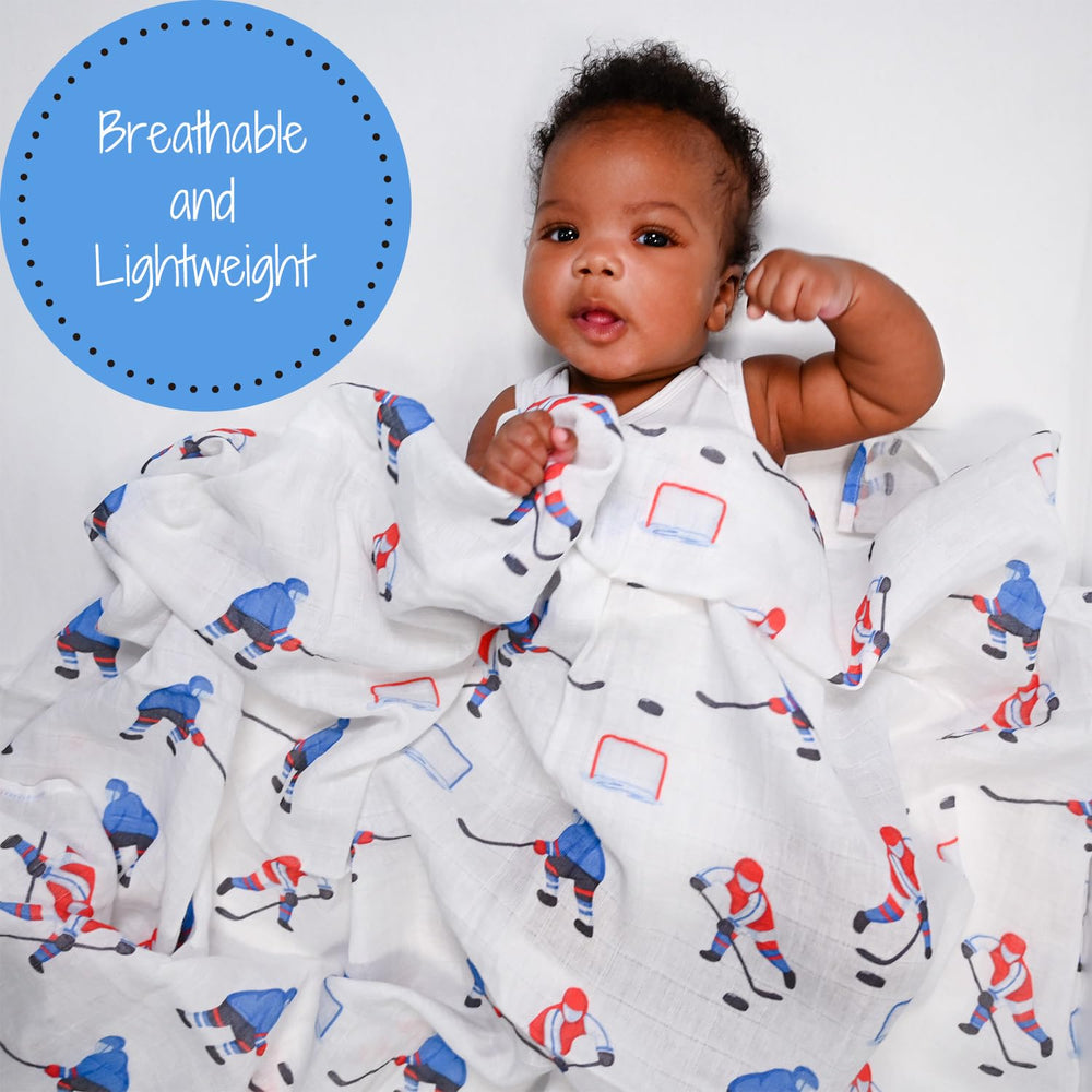 LollyBanks ice hockey swaddle with baby wrapped snugly for secure, comfortable swaddling.