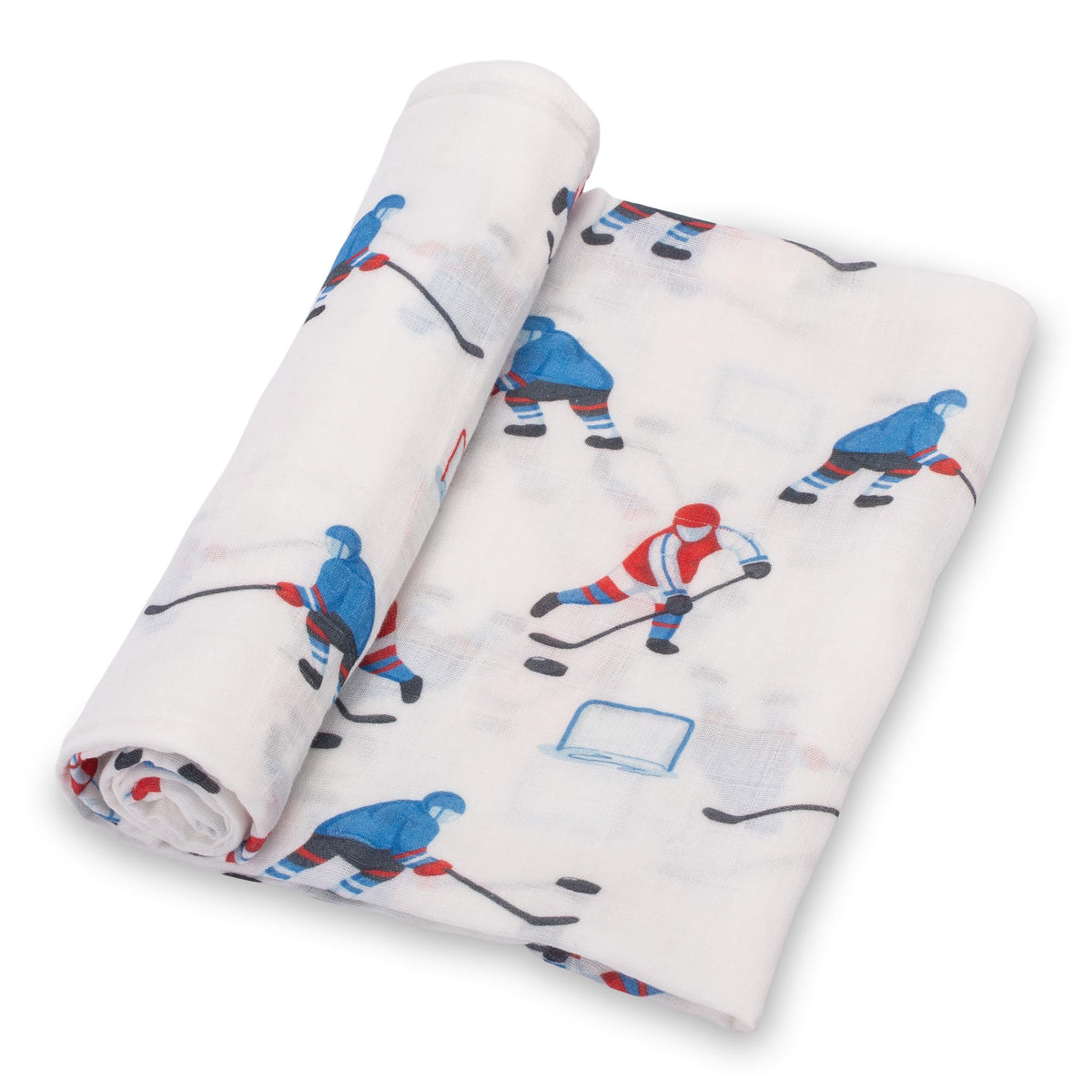 LollyBanks ice hockey swaddle close-up shows soft breathable muslin for gentle wrapping.