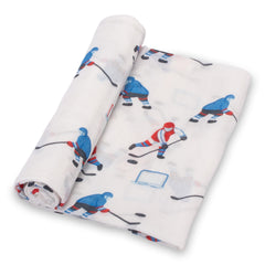 LollyBanks ice hockey swaddle close-up shows soft breathable muslin for gentle wrapping.