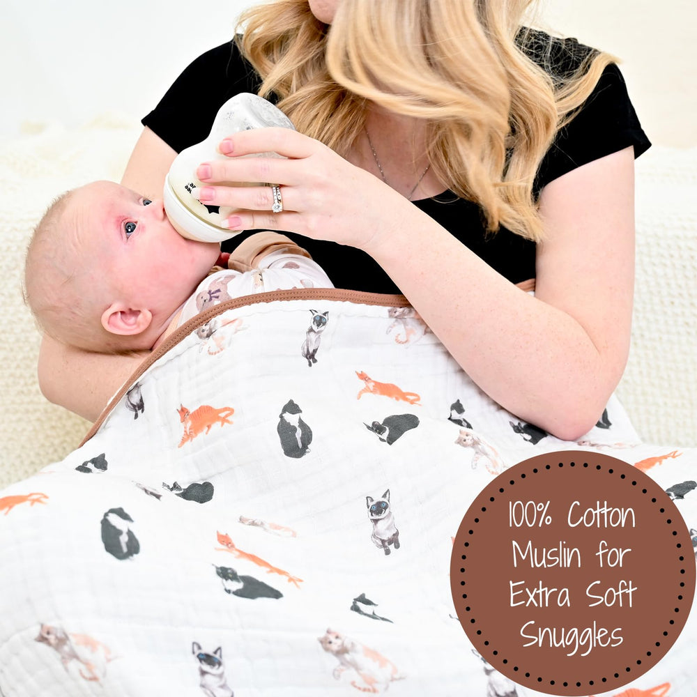 LollyBanks 6-layers muslin blanket spread shows generous 47x47 size for swaddling.