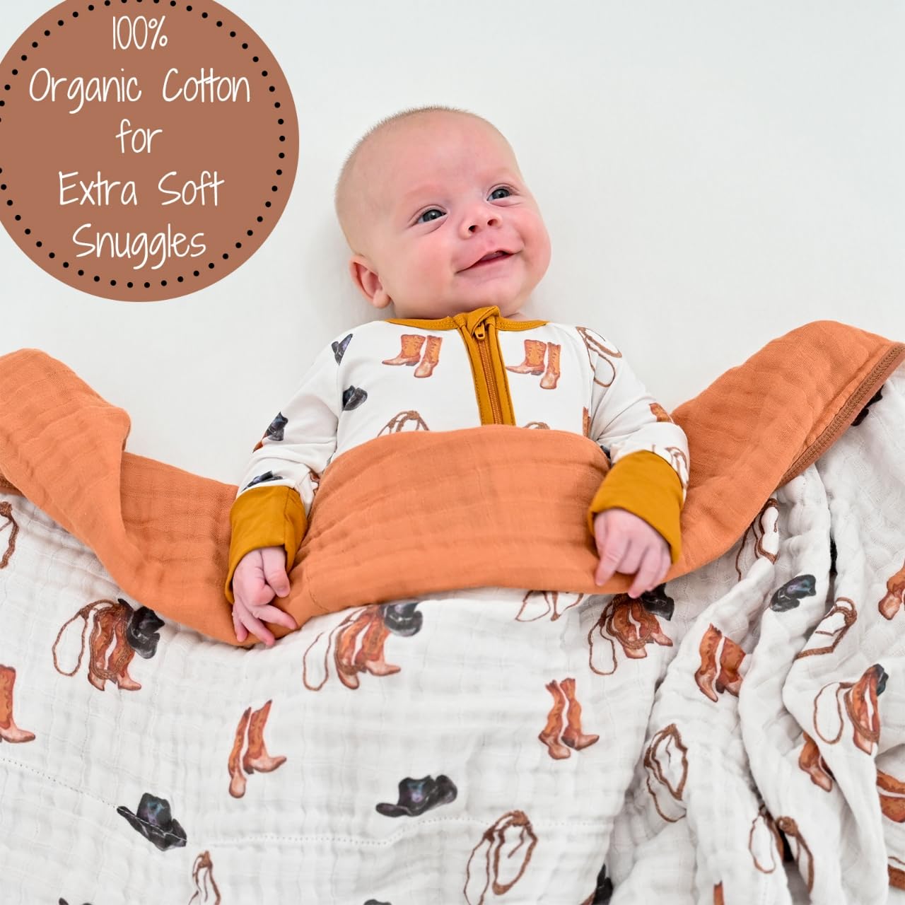 LollyBanks muslin baby blanket in cowboy print, lightweight warmth for on-the-go comfort