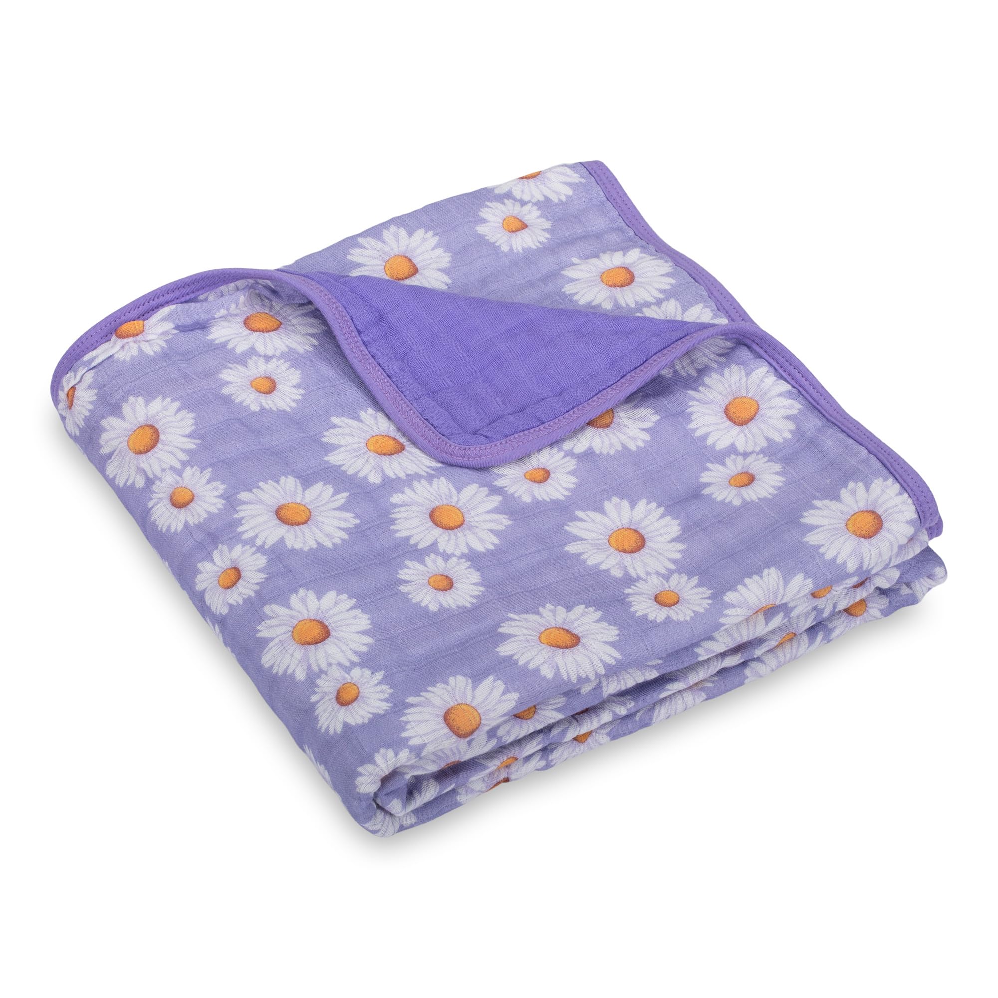 LollyBanks Muslin Baby Blanket daisy design close-up shows soft breathable fabric for gentle skin.