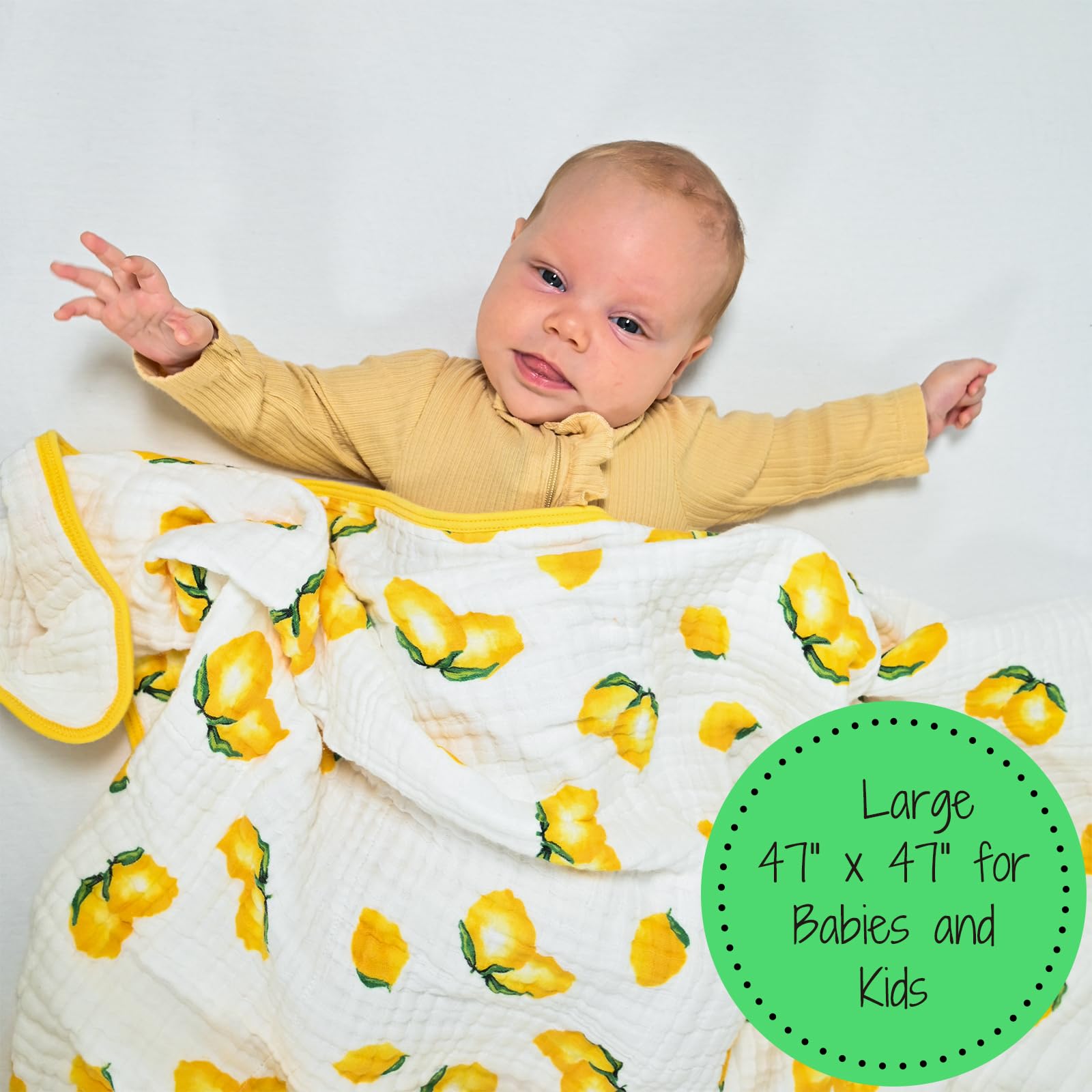 LollyBanks muslin baby quilt sunny lemon print closeup shows soft breathable cotton.