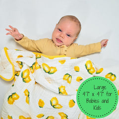 LollyBanks muslin baby quilt sunny lemon print closeup shows soft breathable cotton.