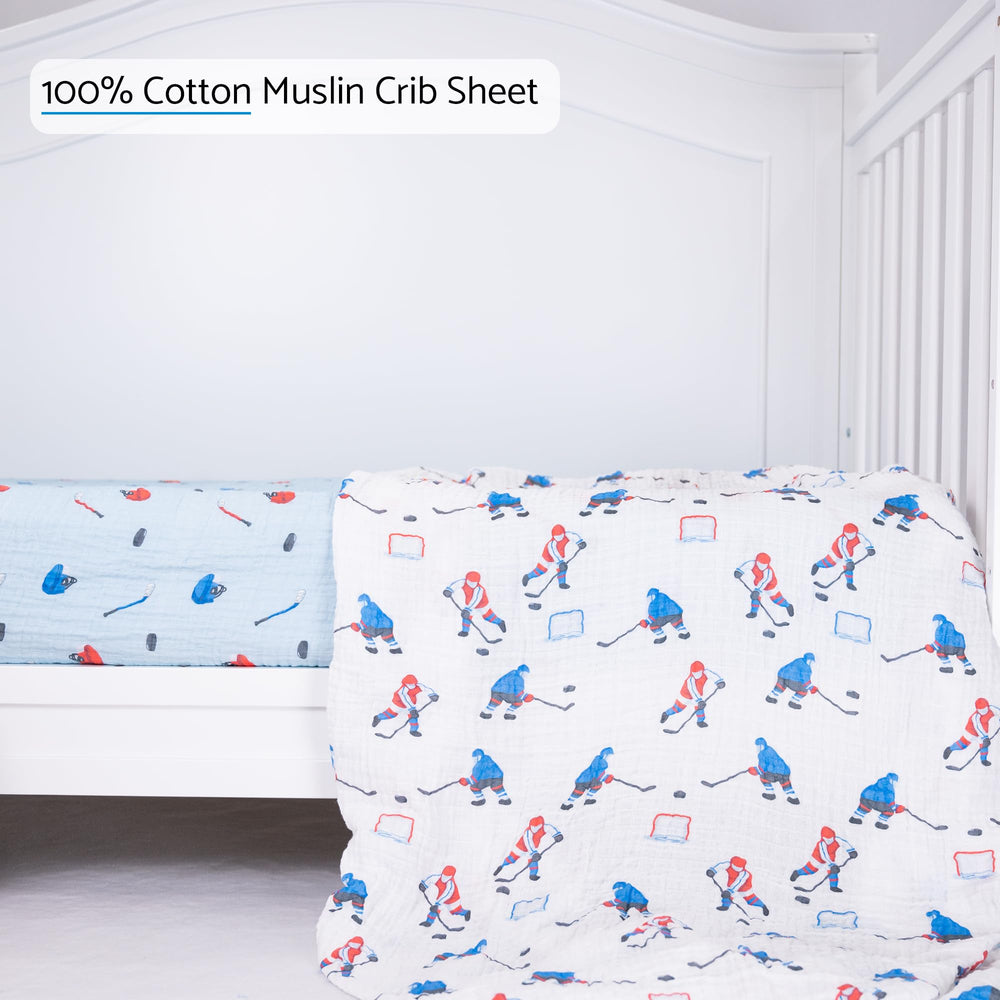 LollyBanks Muslin crib sheets in hat print provide cozy charm and gentle cotton comfort.
