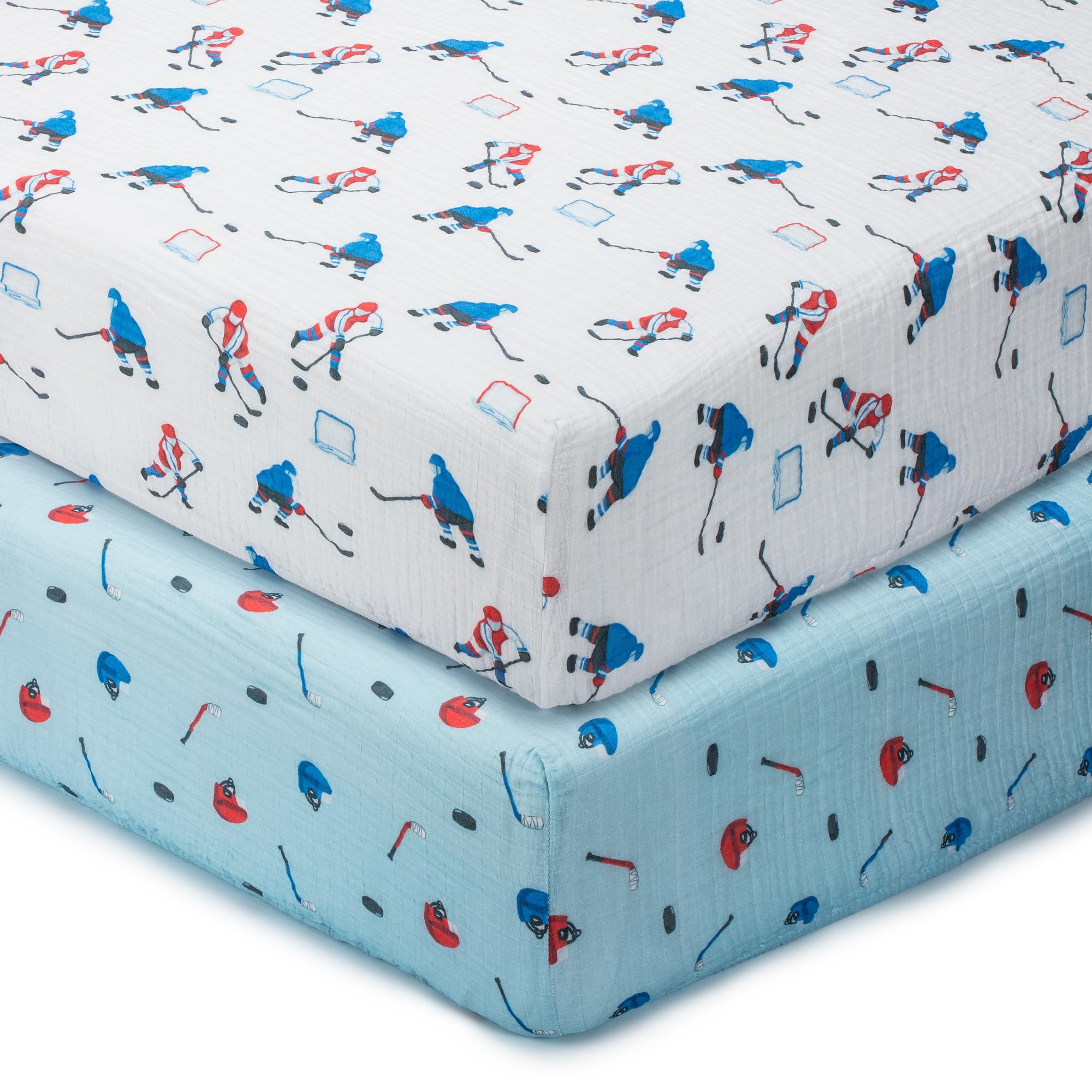 LollyBanks Muslin crib sheets with ice hockey print offer breathable, playful sleep space.
