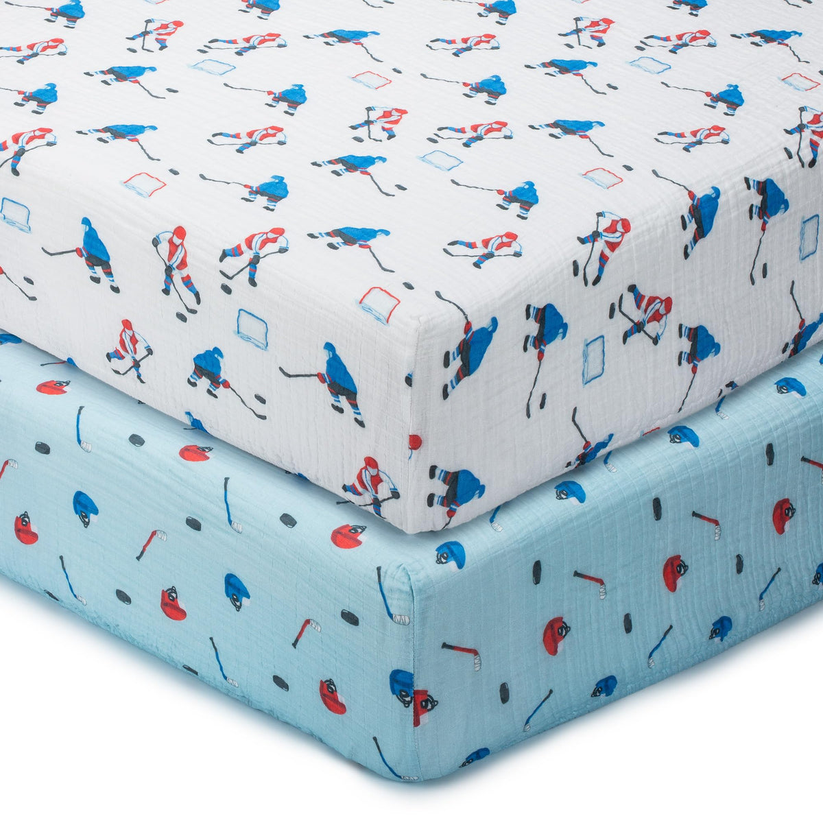LollyBanks Muslin crib sheets with ice hockey print offer breathable, playful sleep space.