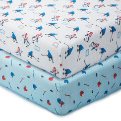LollyBanks Muslin crib sheets with ice hockey print offer breathable, playful sleep space.