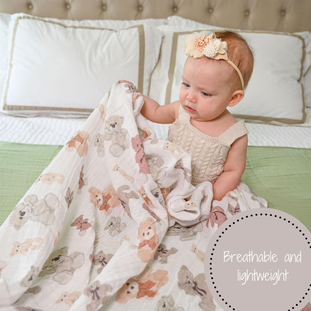 LollyBanks muslin swaddle blanket 47x47 opened flat showing wrap size