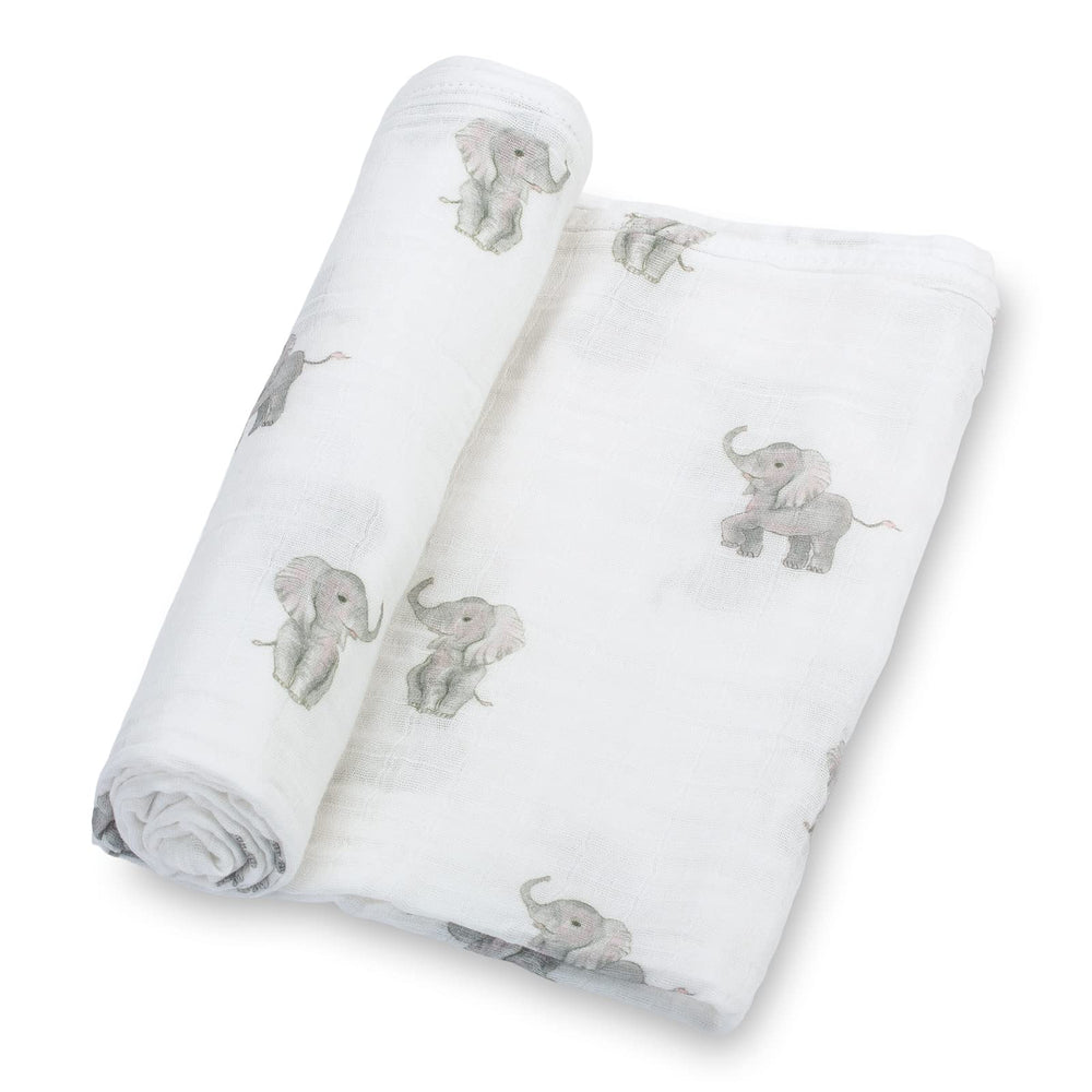 LollyBanks elephant-print swaddle blanket ideal for cozy naps.