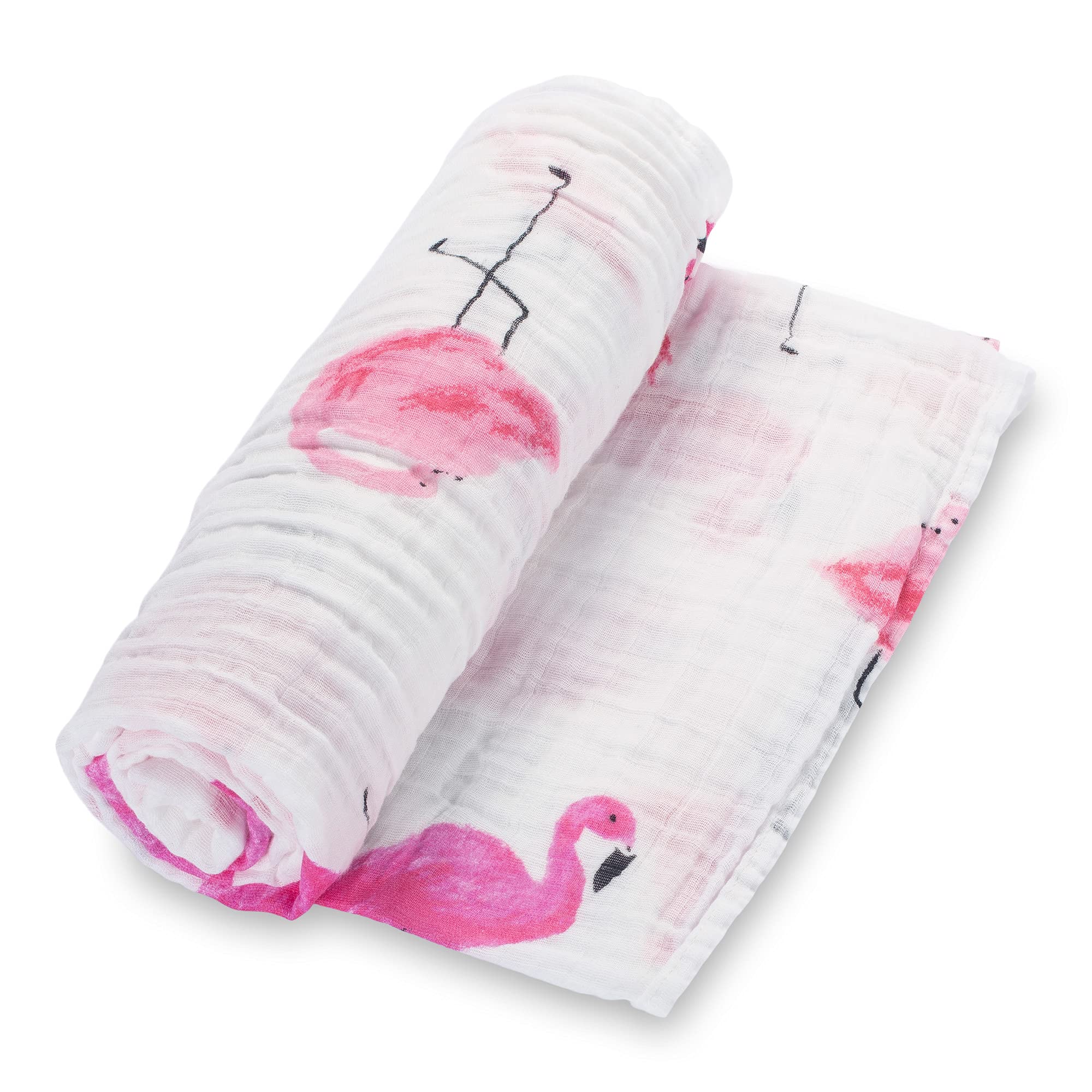 LollyBanks flamingo print swaddle blanket close-up shows soft cotton for gentle wrapping.