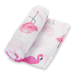 LollyBanks flamingo print swaddle blanket close-up shows soft cotton for gentle wrapping.