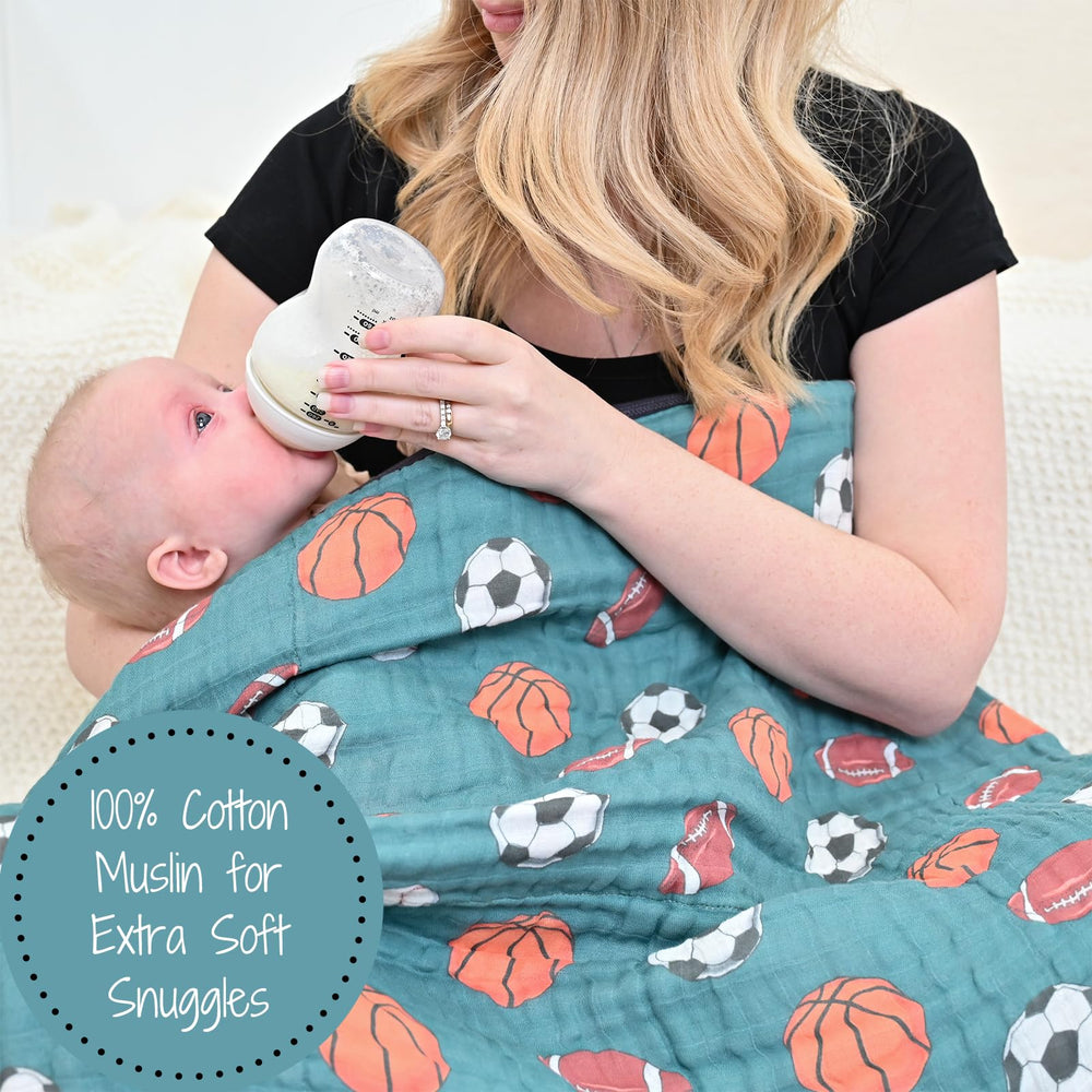 LollyBanks muslin swaddle blanket sports-print: playful sports pattern for photos and stroller moments