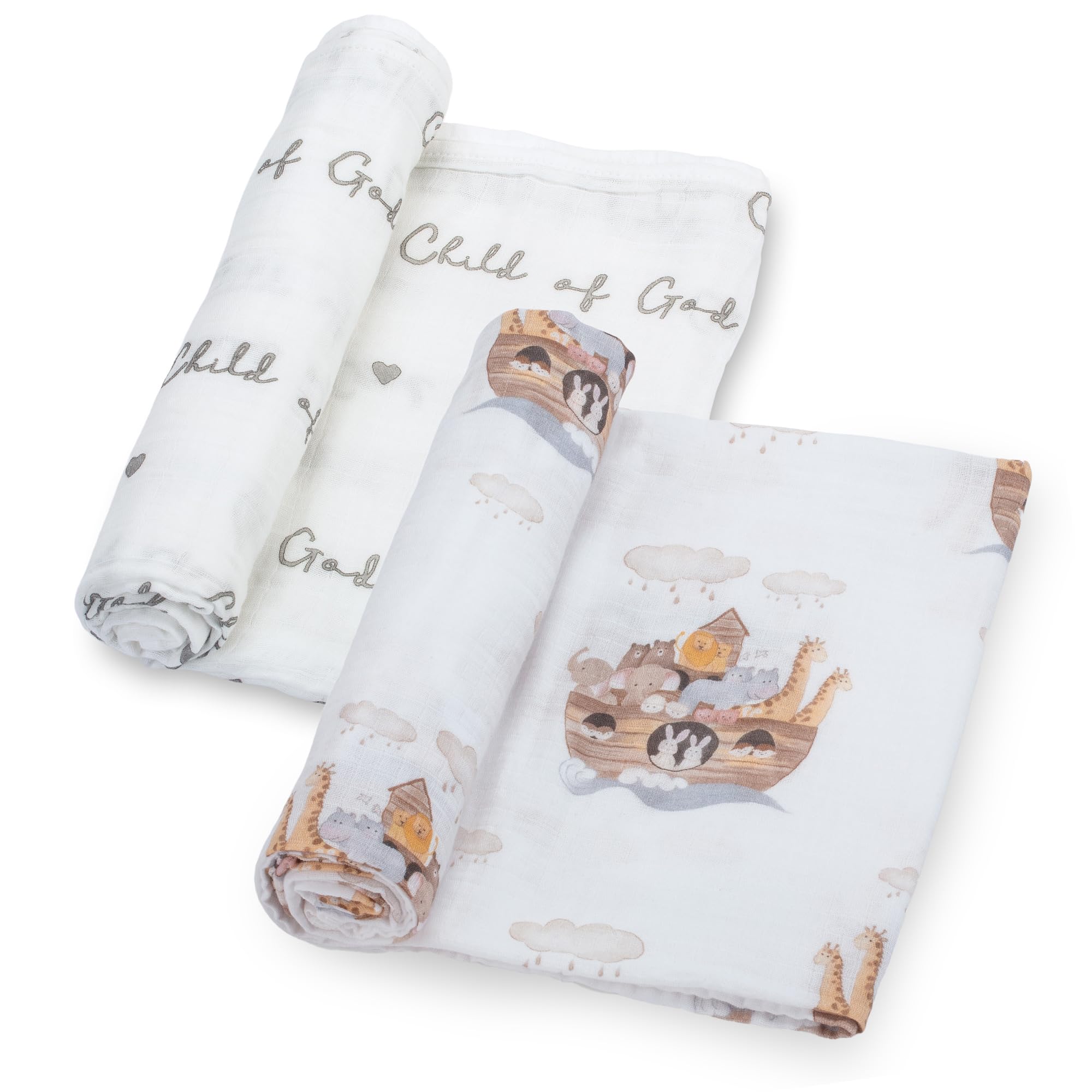 LollyBanks Muslin Swaddle Blankets 2pack Noah's Ark animals, breathable and cozy for naps.