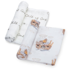 LollyBanks Muslin Swaddle Blankets 2pack Noah's Ark animals, breathable and cozy for naps.