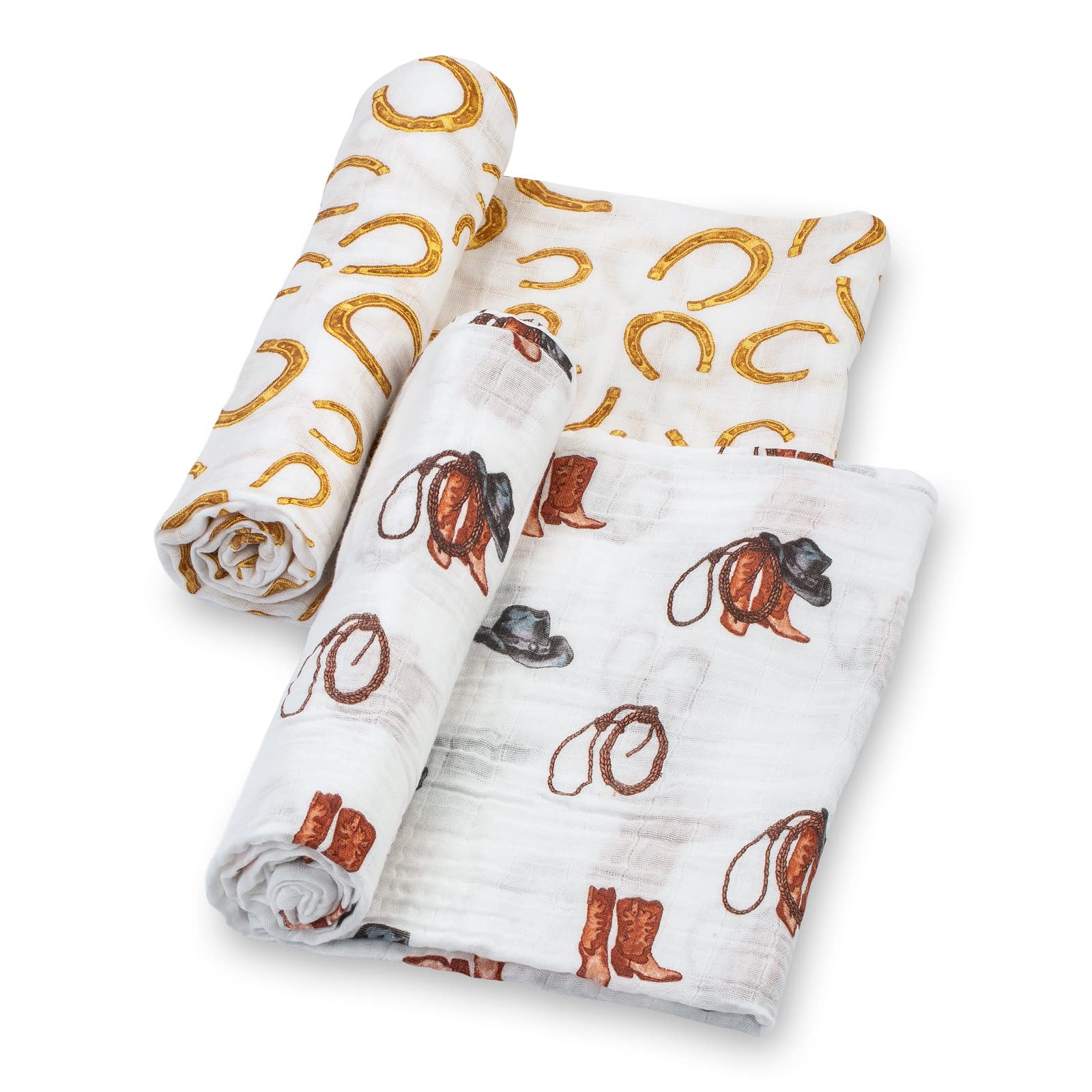 LollyBanks muslin swaddle with cowboy boots for cozy, breathable baby wrap