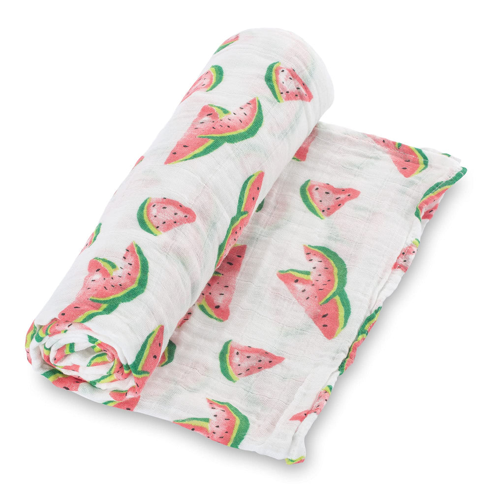 LollyBanks muslin swaddle watermelon print blanket offers breathable warmth for soothing newborns.
