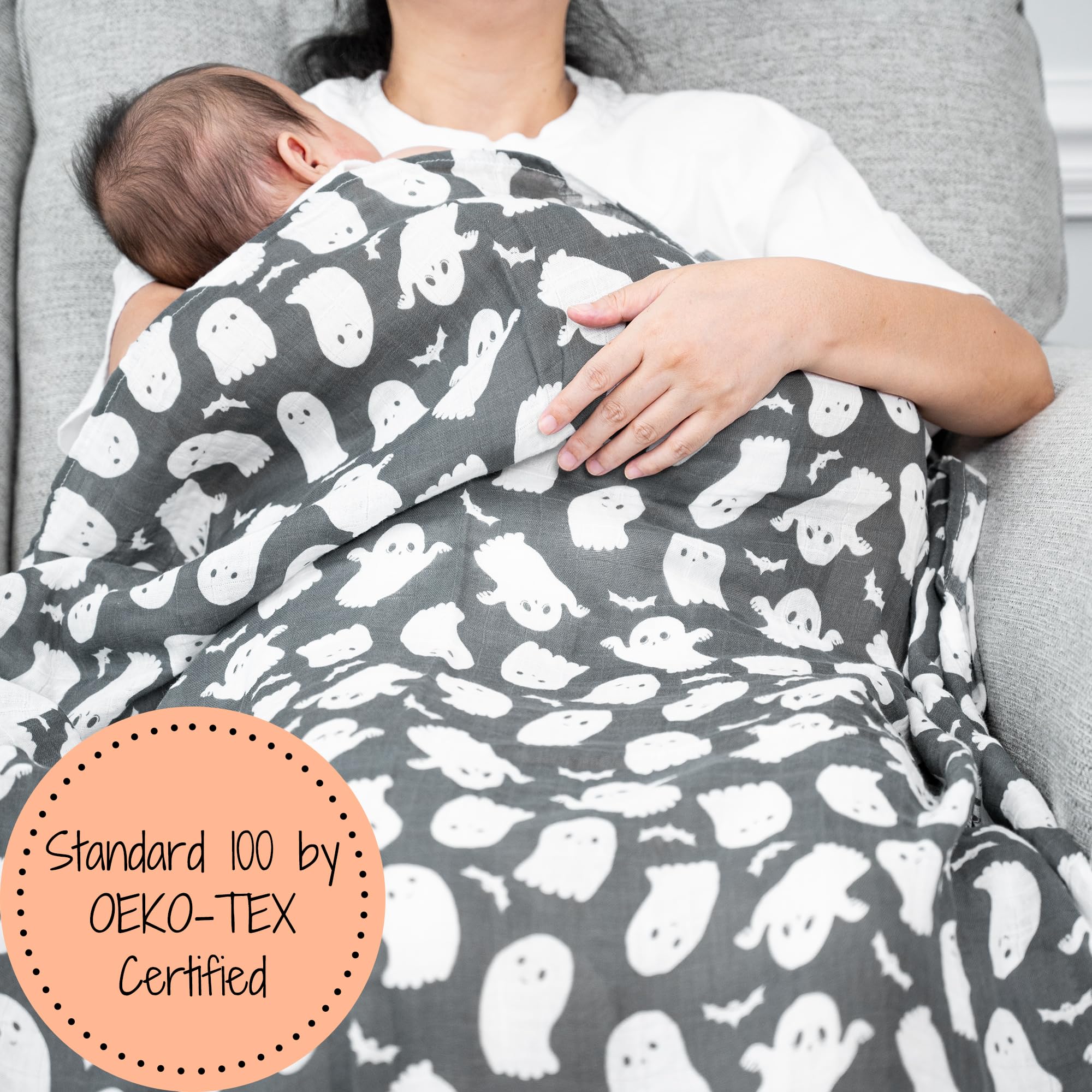 LollyBanks nursery decor ghost design on crib blanket for gentle seasonal style.