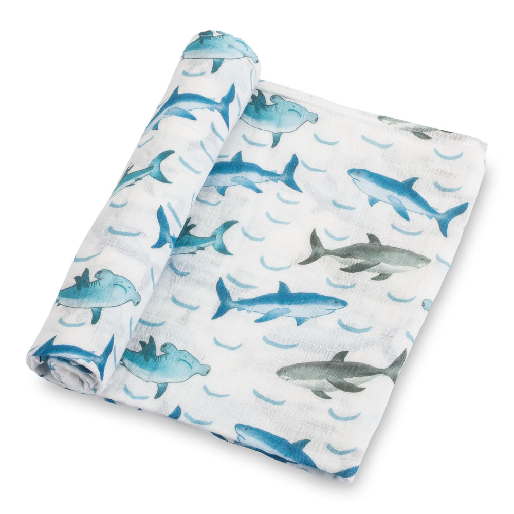 LollyBanks shark adventure design on a soft baby blanket for curious play