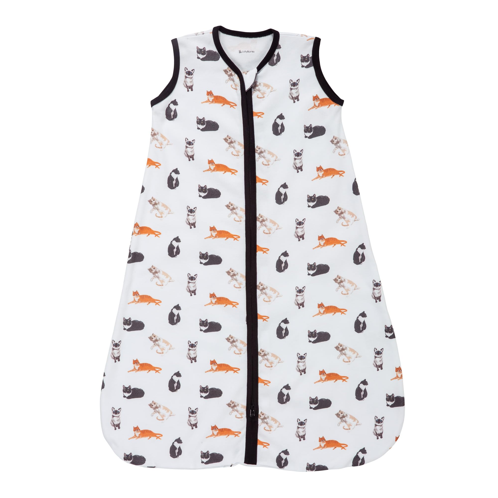 LollyBanks Sleep Sack cat print front view highlights cozy comfort for baby nights.