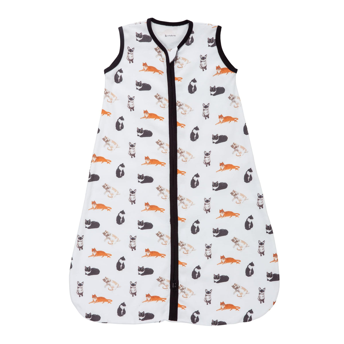 LollyBanks Sleep Sack cat print front view highlights cozy comfort for baby nights.