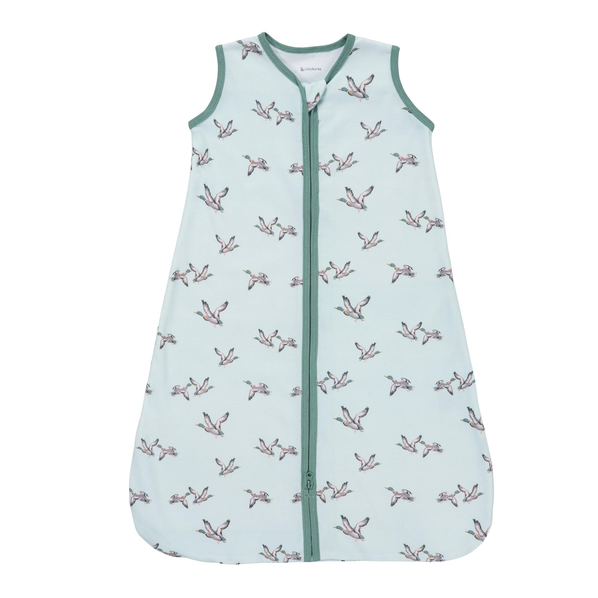 LollyBanks Sleep Sack Mallard Duck Pattern closeup shows cozy, breathable fabric for naps.