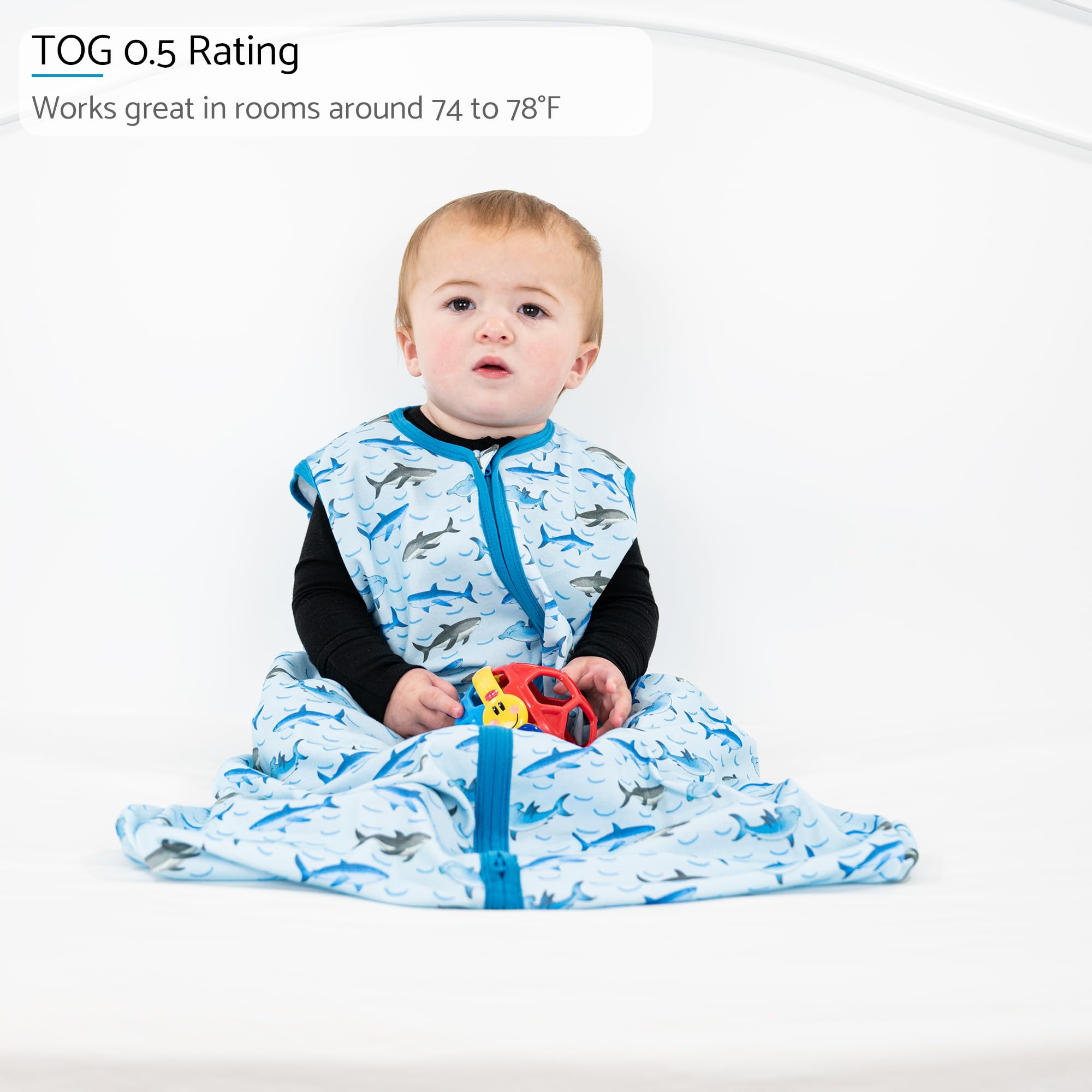 LollyBanks Sleep Sack shark print shows diaper-change accessibility for overnight care.