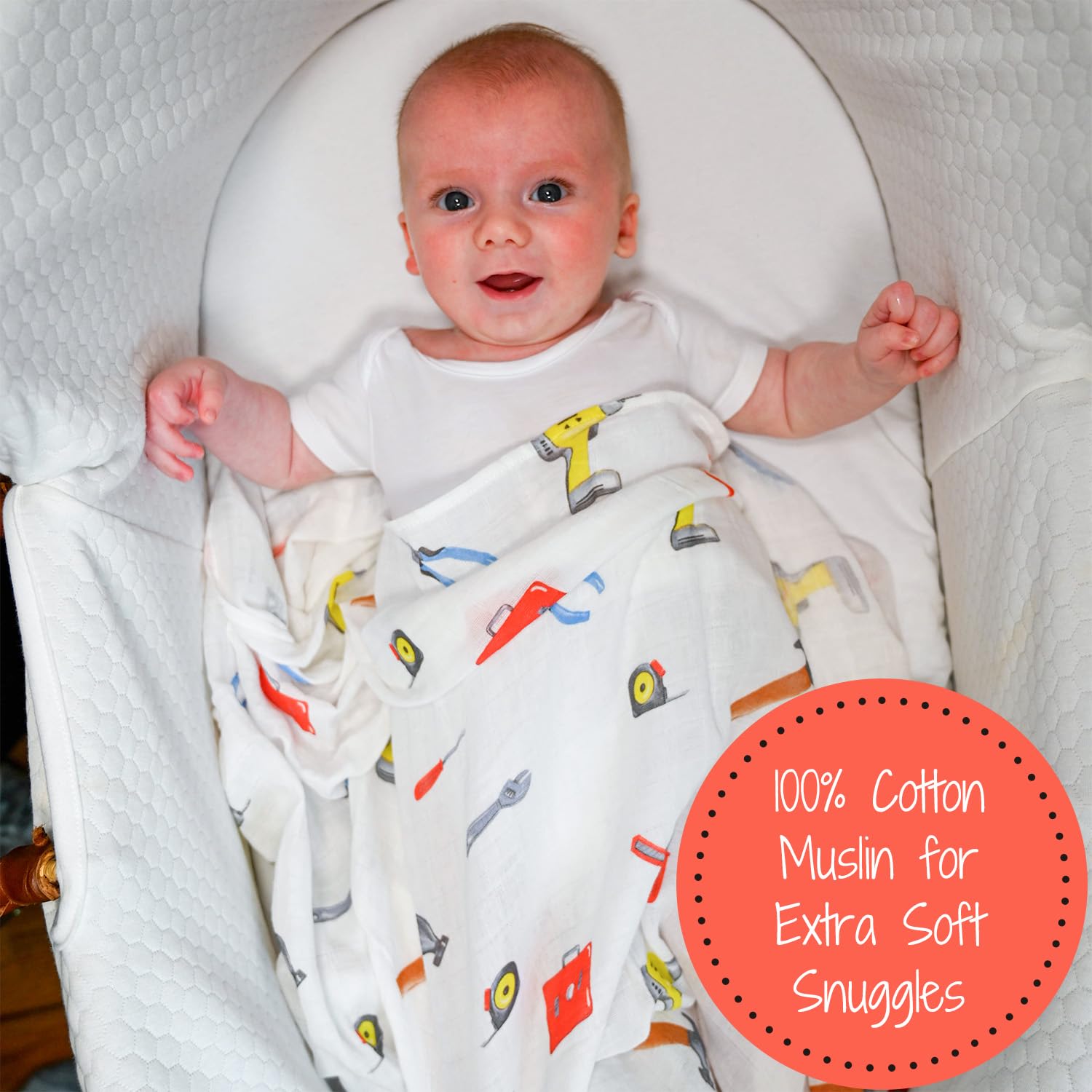 LollyBanks swaddle in crib decor scene demonstrates versatile uses as burp cloth or nursery accent.