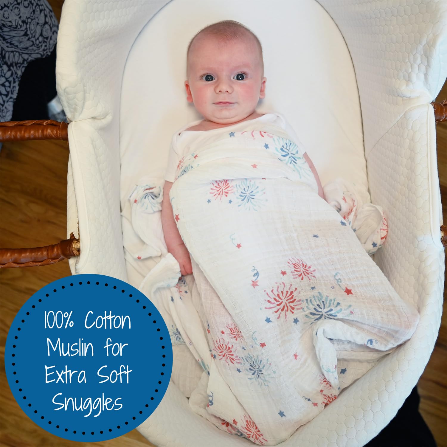 LollyBanks swaddle blanket 100% cotton muslin feels soft and breathable.