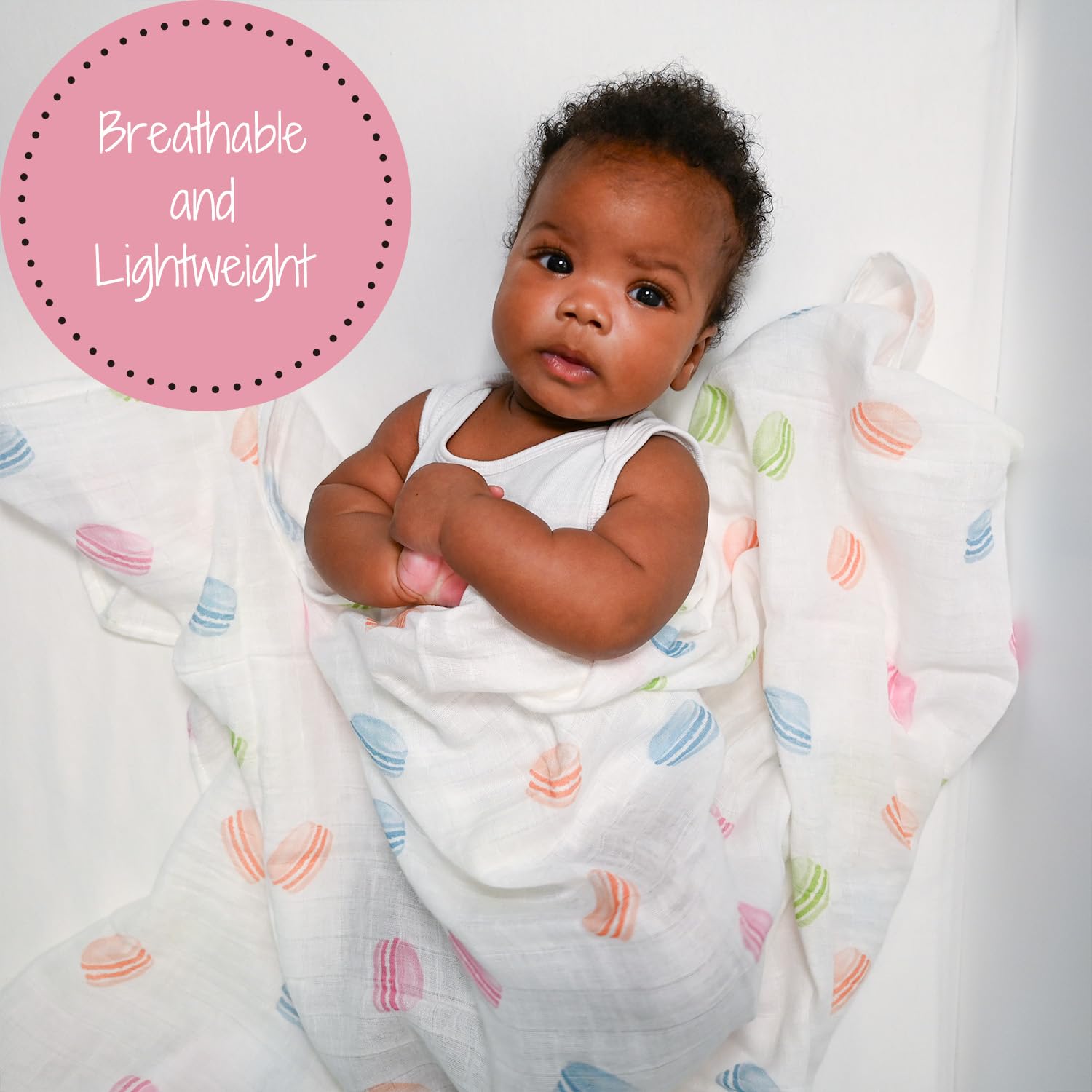 LollyBanks swaddle blanket closeup reveals breathable 100% cotton for gentle wraps.