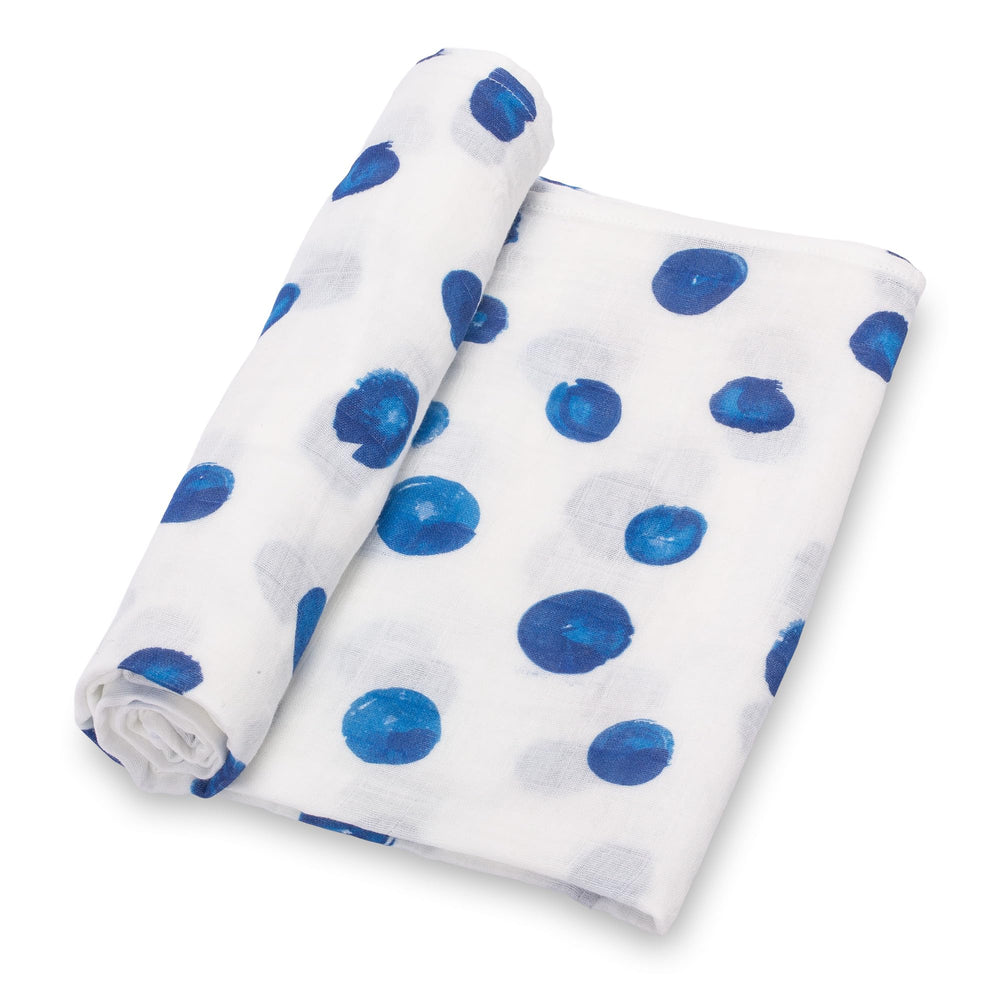 LollyBanks Swaddle Blanket blue dots folded; luxuriously soft cotton muslin for secure newborn swaddling