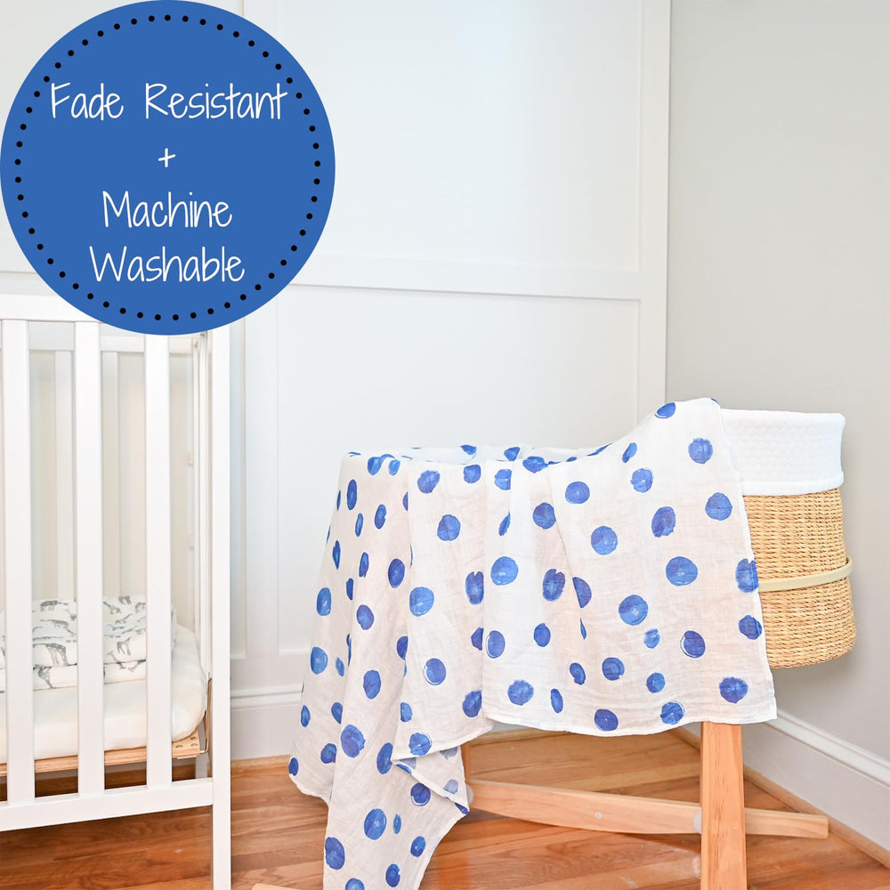 LollyBanks Swaddle Blanket blue dots in a diaper bag for on-the-go use