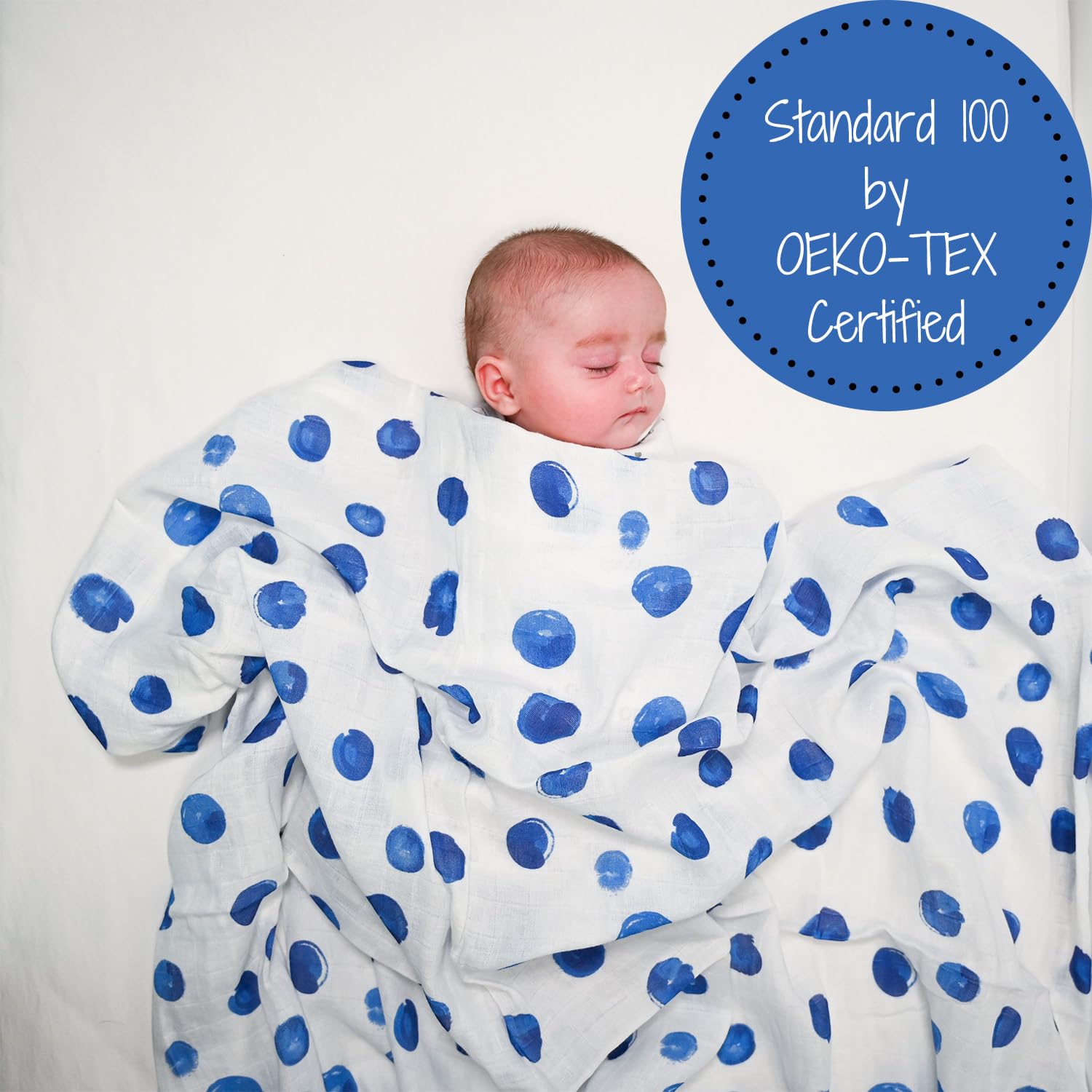 LollyBanks Swaddle Blanket blue dots in nursery decor on crib