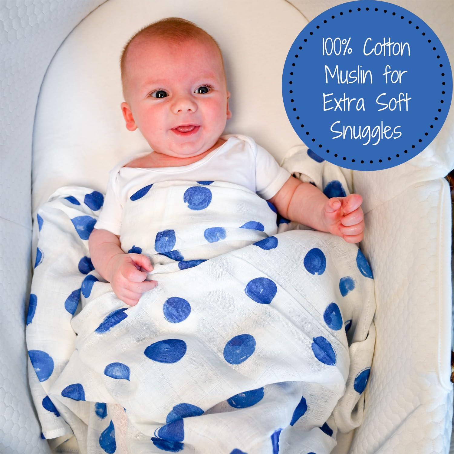 LollyBanks Swaddle Blanket blue dots on baby showing breathable muslin fabric